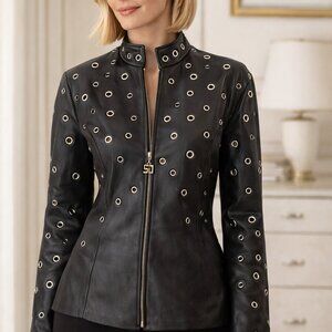 St. John Sport by Marie Gray Black Leather Eyelet Grommet Jacket – Size L